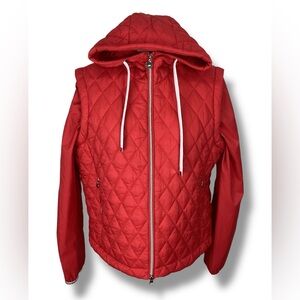Orly Red Nylon Quilted Jacket hooded zipper removable sleeves lightweight